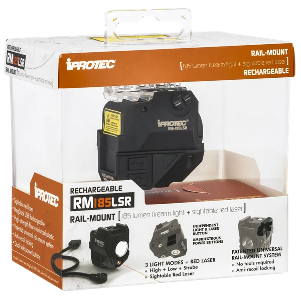iPROTEC RM185LSR Red Laser and Light Combo Fits Subcompact Handgun 185 Lumen Rechargeable Rail Mount Black