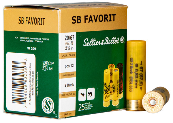 Sellier & Bellot Buckshot 20 GA, 2-3/4in. 12 Pellet 00 Buckshot - 25 Rounds [MPN: SB20BSA]