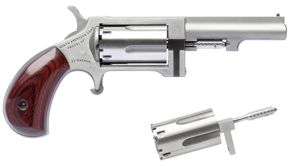North American Arms SWC250 Sidewinder 22 LR or 22 Mag Caliber with 2.50" Barrel, 5rd Capacity Cylinder, Overall Stainless Steel Finish & Rosewood Birdshead Grip Includes Cylinder