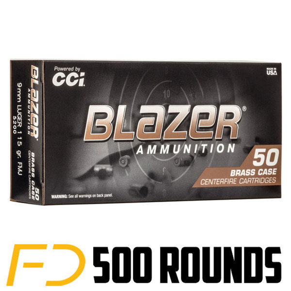 CCI Blazer Brass Ammunition 9MM, 115gr, FMJ - 500 Rounds - Free Shipping