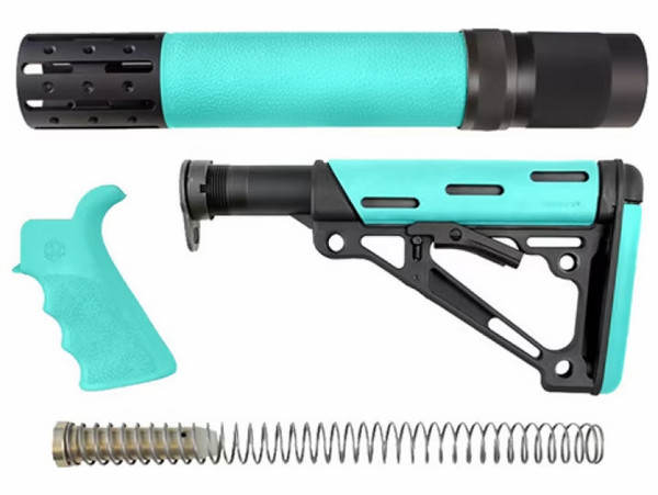 Hogue 13478 OverMolded 3-Piece Kit Collapsible Aqua OverMolded Rubber Black & Aqua Rubber Grip, Rifle Length Forend AR15, M16
