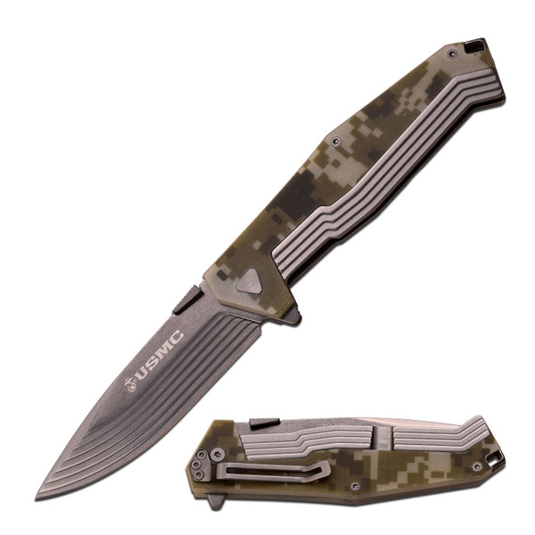 MTech US Marines Fldng Knf 4.75inw-Blk Bld and Blk G10 Hndl