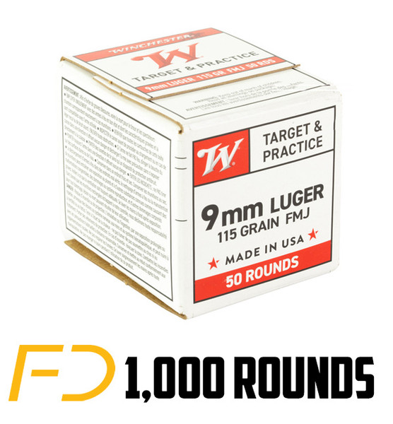 Winchester Target & Practice 9MM, 115gr, FMJ [MPN: W9MM50] - 1000 rounds - Free Shipping