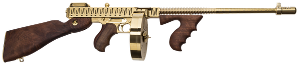 Thompson T150DTGTS 1927A-1 Deluxe 45 ACP Caliber with 16.50" Barrel, 20+1 Capacity (Stick), 50+1 Capacity (Drum), Gold w/Tiger Stripe Metal Finish