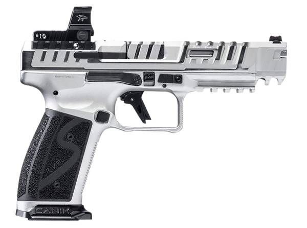 CANIK, SFX Rival-S, Striker Fire, Semi-automatic, Steel Frame Pistol, Full Size, 9MM, 5" Barrel, Chrome Finish, MeCanik MO2 Red Dot Sight