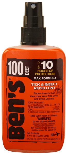 Ben's 00067080 100 Odorless Scent 3.40 oz Spray Repels Ticks & Biting Insects Effective Up to 10 hrs