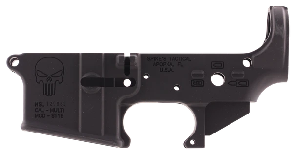 Spike's Tactical, STLS015 Punisher, Stripped Lower, Semi-automatic, 223 Rem/556NATO, Black Finish, Non-Color, Punisher Logo