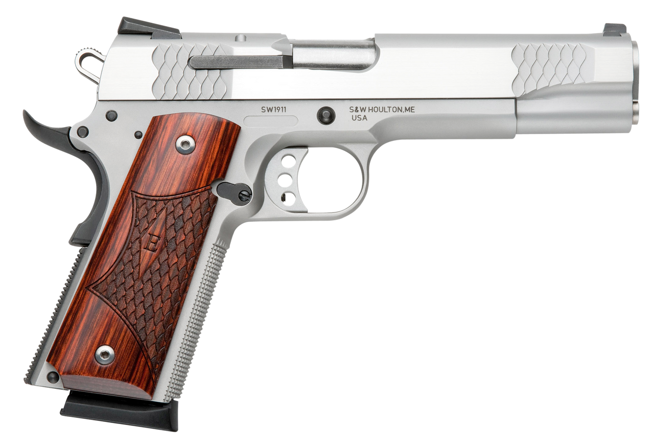 Image of Smith & Wesson 108482 1911 E-Series 45 ACP 5" 8+1 Satin Stainless Steel Stainless Steel Slide Laminate Wood Grip