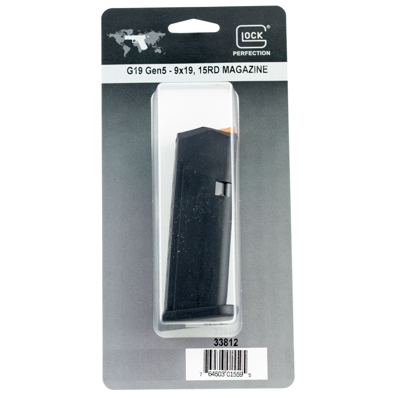 Image of Glock, OEM Magazine, 9MM, 15 Rounds, Fits GLOCK 19, Cardboard Style Packaging, Orange Follower, Gen5 - Black [MPN:33812]