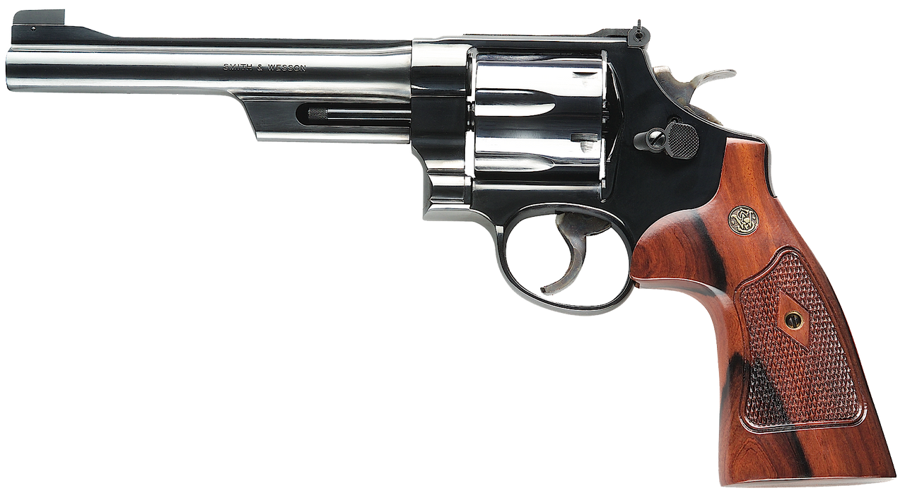 Image of Smith & Wesson, Model 25, Classic, Double Action, Metal Frame Revolver, N-Frame, 45LC, 6.5" Barrel, Carbon Steel, Blue Finish, Wood Grips, Adjustable Sights, 6 Rounds