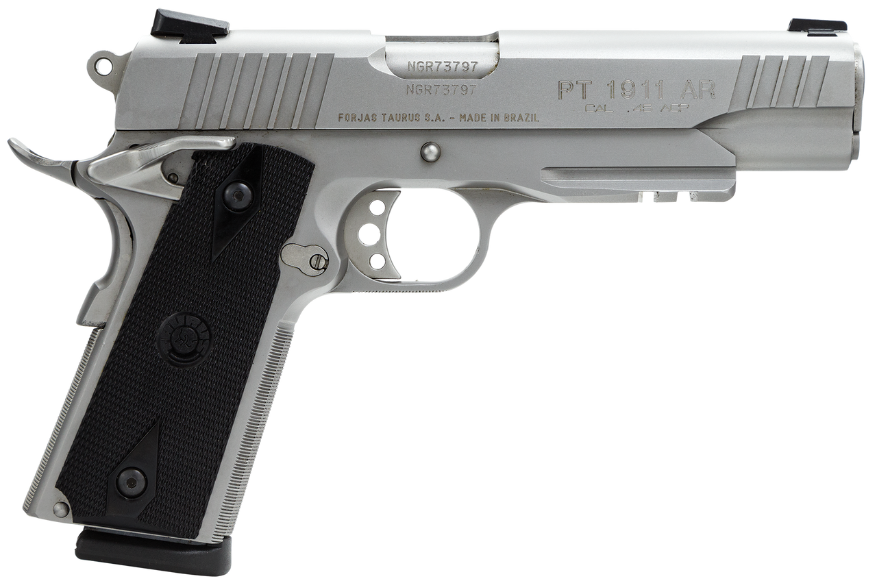 Image of Taurus, PT1911, Full Size, 45ACP, 5" Barrel, Steel Frame, Stainless Finish, Rubber Grips, Heinie Sights, with Rail, 8Rd, 2 Magazines