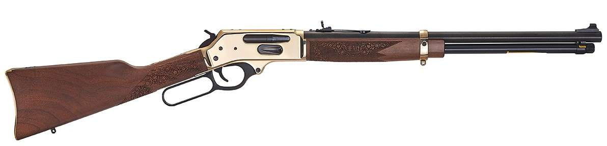 Image of Henry Repeating Arms, Side Gate Lever Action Rifle, 360 Buckhammer, 20" Round Barrel, 5 Rounds, Brass Receiver, Blued Barrel, Fully Adjustable Semi Buckhorn Sights, American Walnut