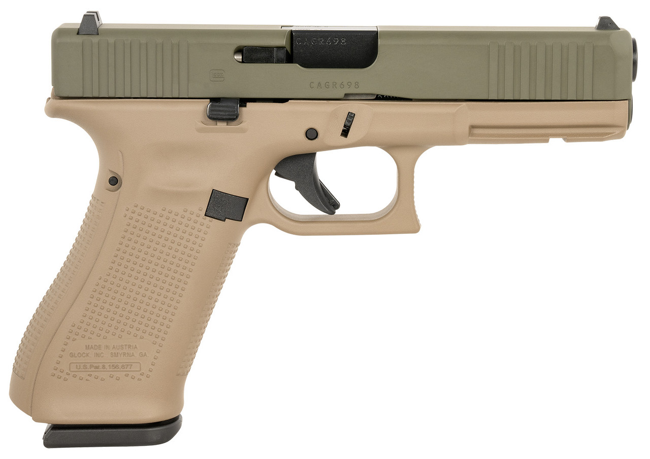 Image of Glock G17 Gen5 Full Size 9MM, 4.49" Black GMB Barrel, OD Green Serrated Steel Slide, Flat Dark Earth Polymer Frame