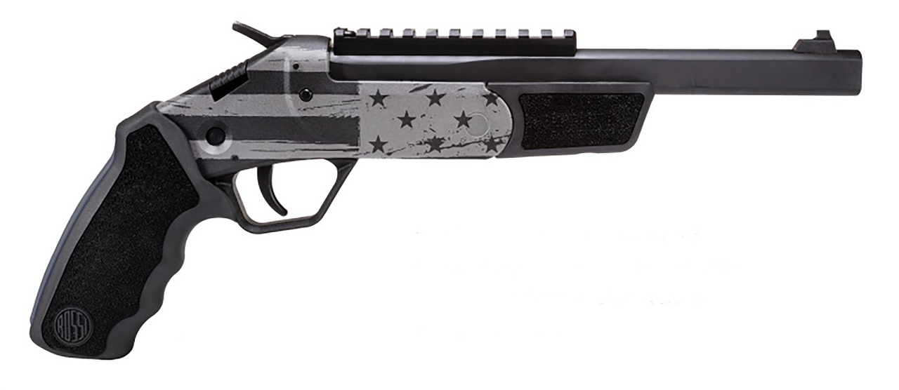 Image of Rossi SSPB9ENG1 Brawler 45 Colt (LC)/410 Gauge 9", 1rd, Black with US Flag Engraved Frame, Textured Rubber Grips, Optic Mount