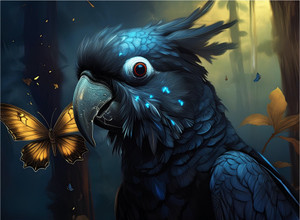 Black and Blue Cockatoo with Butterfly Black and Blue Cockatoo with Butterfly