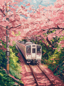 Train and Cherry Blossom Train and Cherry Blossom