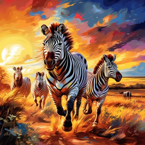 Running Zebras in Sunrise - Made to Order Paint by Numbers Running Zebras in Sunrise - Made to Order Paint by Numbers