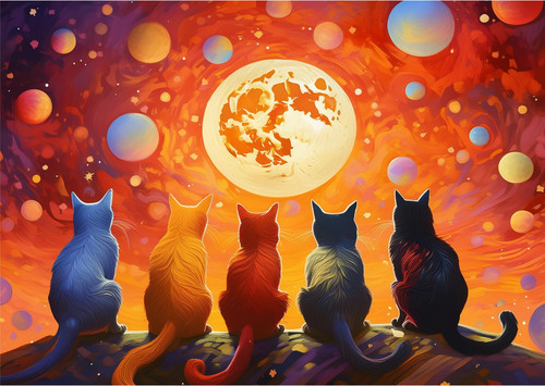 Colourful Cats Watching Moon Colourful Cats Watching Moon