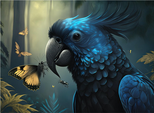 Black and Blue Cockatoo with Butterfly Black and Blue Cockatoo with Butterfly