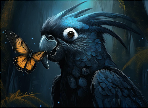 Black and Blue Cockatoo with Butterfly Black and Blue Cockatoo with Butterfly