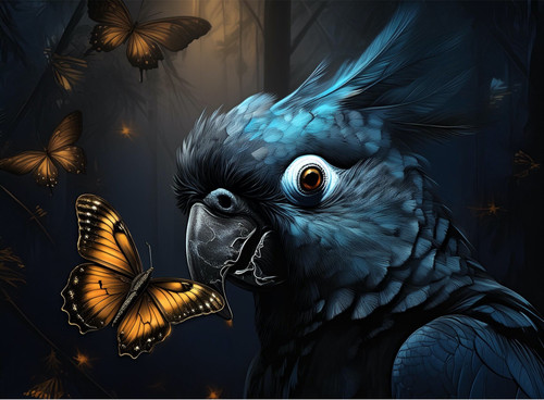 Black and Blue Cockatoo with Butterfly Black and Blue Cockatoo with Butterfly
