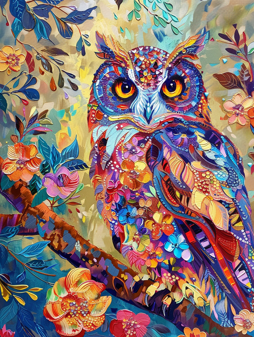 Flower Owl on Tree Branch 2