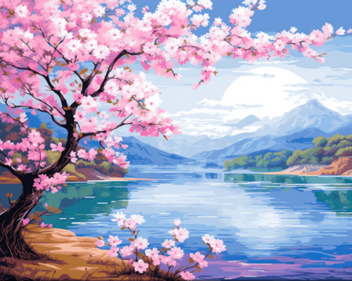 Cherry Blossom River and Mountain