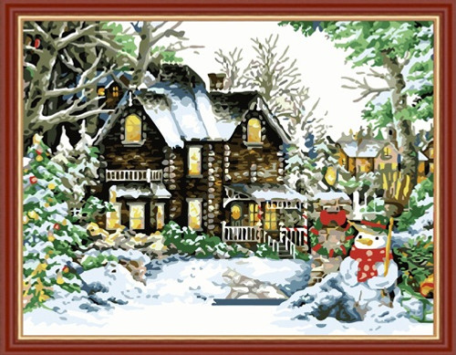 Painting by Numbers Kit - 40x50cm - Winter House and Snow Man Painting by Numbers Kit - 40x50cm - Winter House and Snow Man
