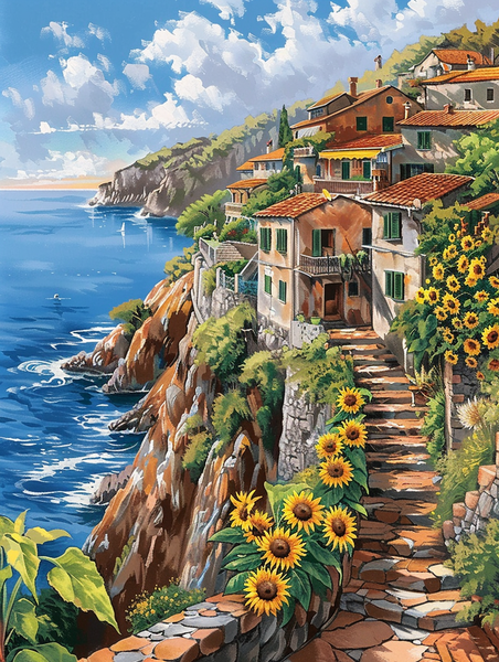 Houses with Ocean View and Sunflowers Houses with Ocean View and Sunflowers