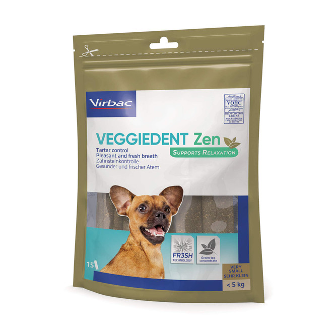 En pakke med VeggieDent® Zen tyggepinde til hunde under 5 kg. Til meget små hunde