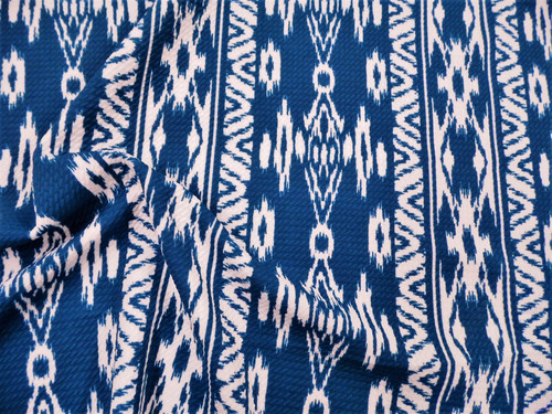 Printed Bullet Liverpool Textured Fabric 4 way Stretch Scuba Teal White Ikat Aztec T102