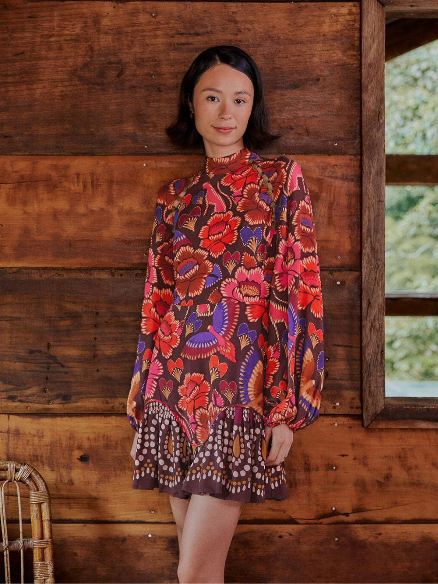 brown bright flora long sleeve mini dress Bright Flora Brown Long Sleeve Mini Dress