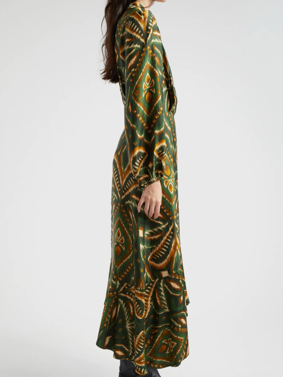 Pineapple Ikat Green Long Sleeve Midi Dress - L.A. Green