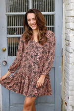 Spotted print long sleeve button down dress with flounce hem