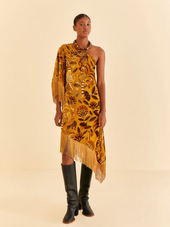 Golden Yellow Velvet One Shoulder Fringe Dress