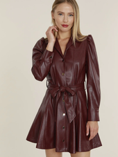 Maroon Vegan Leather Shoulder Belted Dress