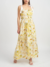 Shoulder Tie Printed Midi Dress