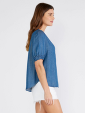 Utility Style Top W/ Henley Placket & Puff Sleeves