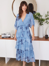 Splatter Print Empire Waist Tiered Silk Dress