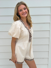 Puff Sleeve Cinched Waist Pintuck Romper
