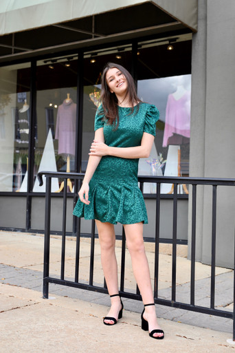 Short Puff Sleeve Animal Jacquard Dress - L.A. Green