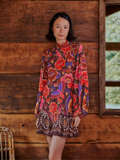 Bright Flora Brown Long Sleeve Mini Dress