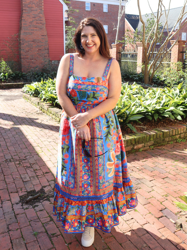 princess polly baby blue dress FARM Rio Mystic Blue Lotus Placed Print Long Sleeve Linen Blend Maxi Dress main image 1