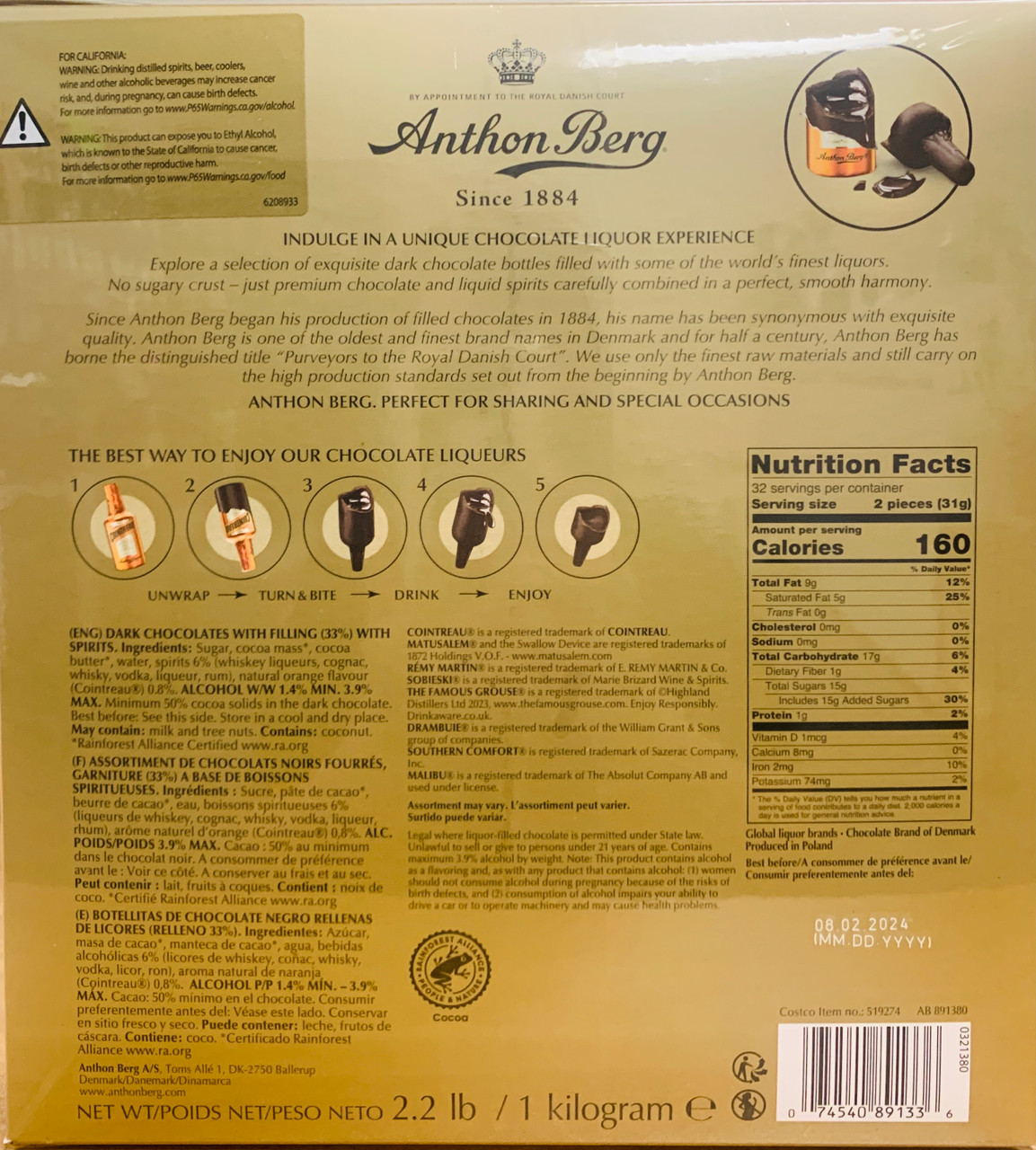 Anthon Berg Dark Chocolate Liqueurs with Original Spirits - 64 pcs