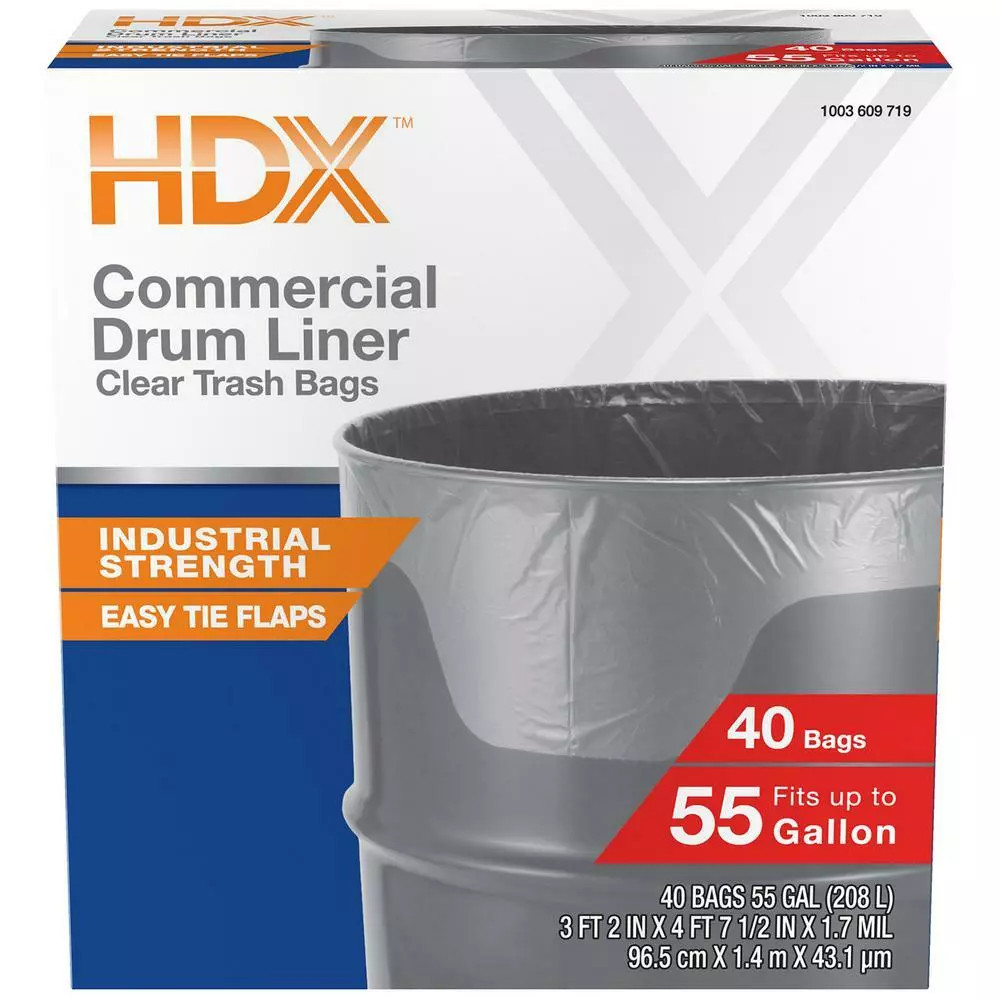 HDX Commercial Clear Heavy-Duty Flap Tie Drum Liner Trash Bags 55
