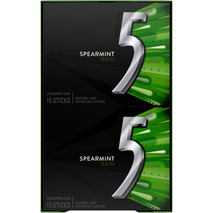 5 Gum Sugar Free Chewing Gum, Spearmint Rain, 15 Sticks, 10 ct