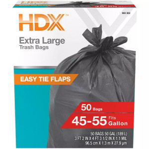 HDX Wave Cut Easy Tie Flaps Extra Large Trash Bags 45-50 Gallon 50 ct HDX Wave Cut Easy Tie Flaps Extra Large Trash Bags 45-50 Gallon 50 ct