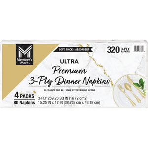 Member's Mark Ultra Premium 3-Ply White Dinner Napkins, 4 Packs, 80 Napkins/Pack