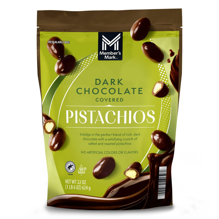 Members Mark Dark Chocolate Covered Roasted Pistachios, 22 OZ