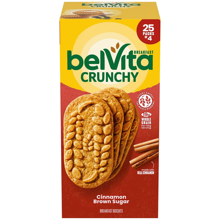 belVita Cinnamon Brown Sugar Breakfast Biscuits, 25 Packs, 4 biscuits per pack